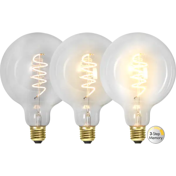 LED-lampa E27 Glob 125 DecoSpiral Clear 3step memo
